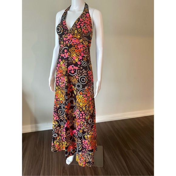 1970’s Vintage Halter Flower Power Maxi Dress - Picture 1 of 9